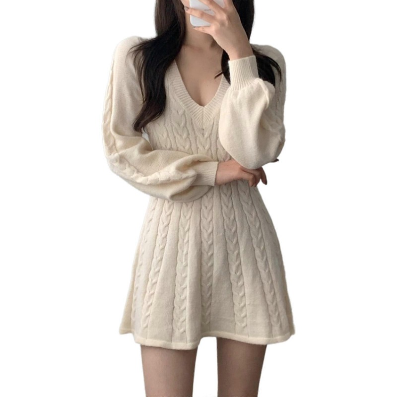 Acrylic Cable Knit Mini Dress for Women Winter Fall Lantern Long Sleeve V Neck A Line Ruffle Pullover Sweater Dress  White | Fruugo SG