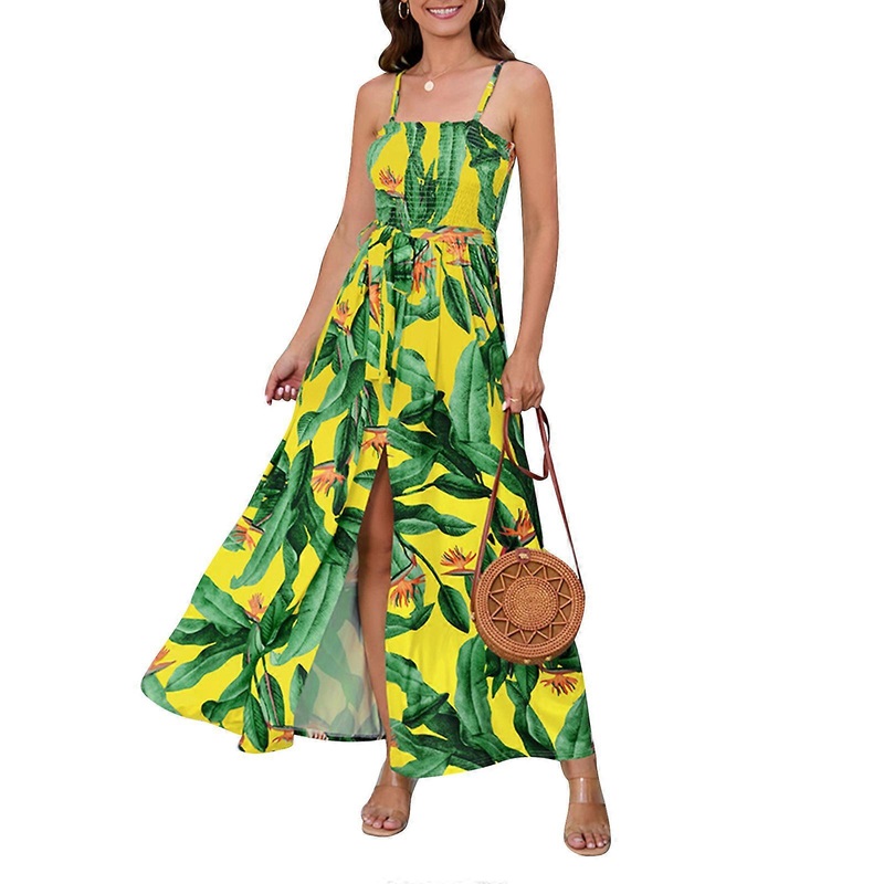 Boho ALine Long Dress Summer Boho Maxi Dress Tropical Maxi Dress Spaghetti Strap Split Maxi Dress Bohemian Beach Dress  Yellow XL | Fruugo SG