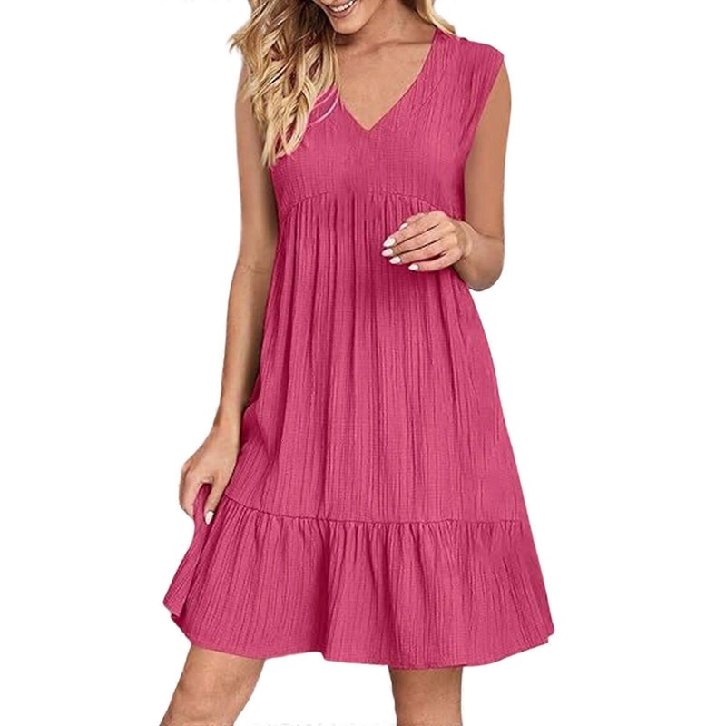 Contemporary High Waist Summer Dress Sleeveless V Neck Loose Fit Ruffled Detail Solid Color Women’s Fashion  Pink S | Fruugo SG