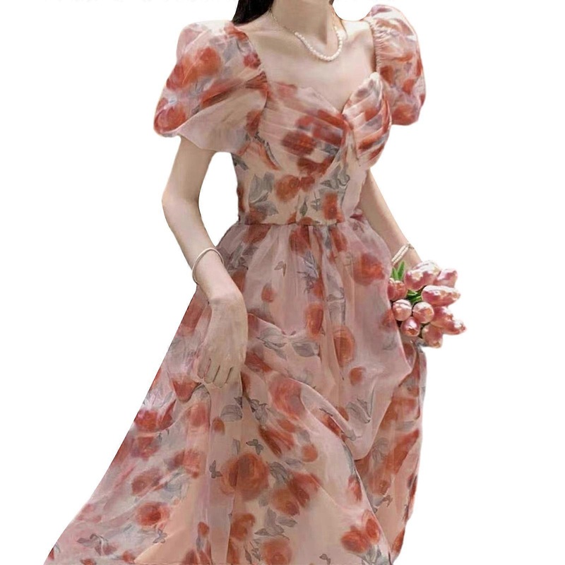 Elegant Floral Print Dress with Square Neckline and Waist Cinching Puff Sleeve Perfect for Casual Dates and Shopping  Pink XL | Fruugo SG