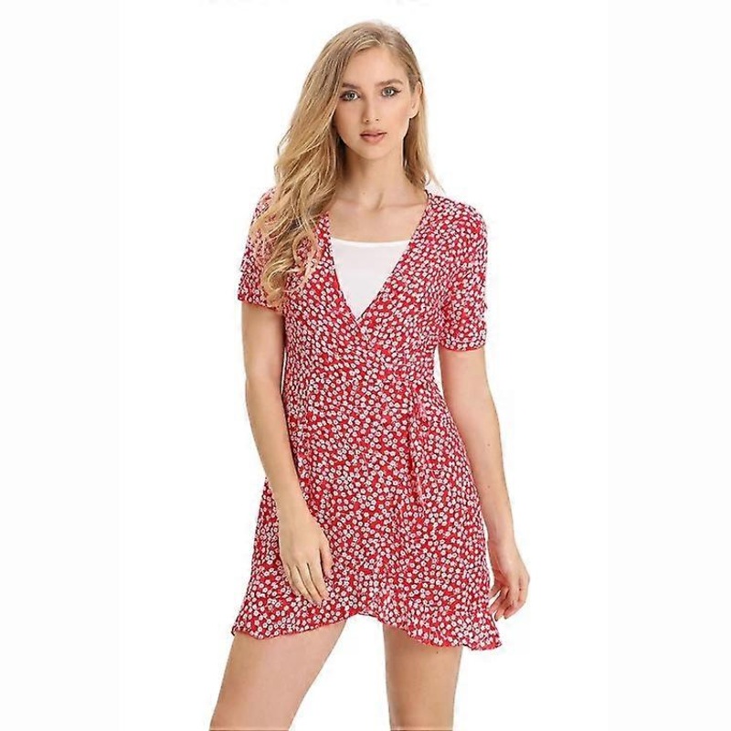 Floral Lace Up V-neck Short Sleeve Dress -,Size M,Red Red,M | Fruugo SG
