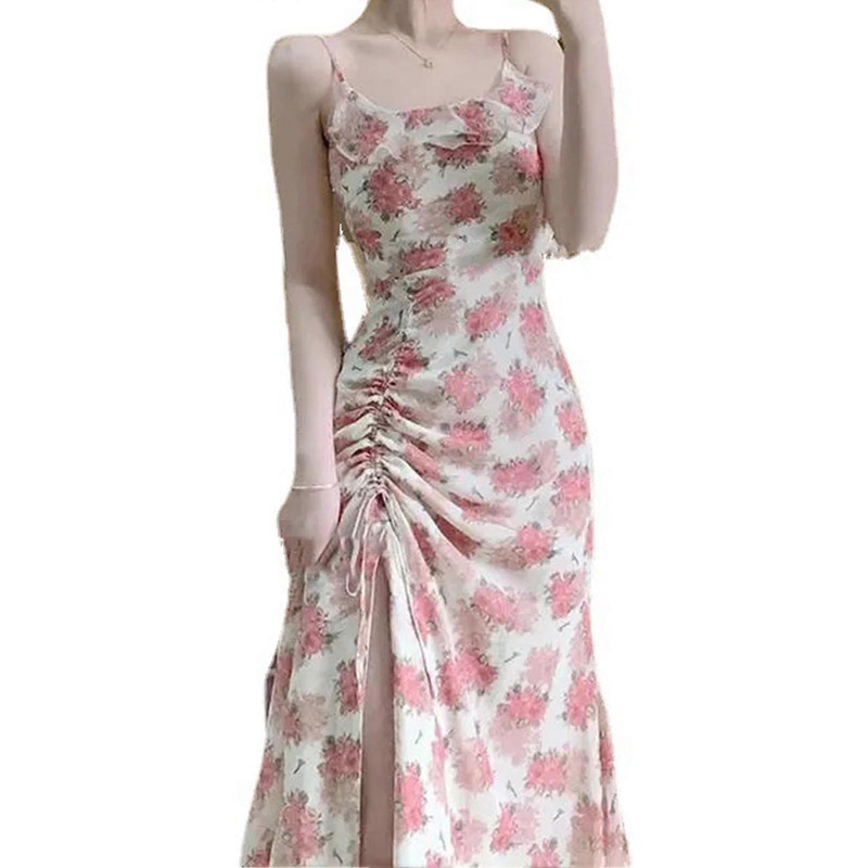 Floral Spaghetti Straps Split Dress Sweet Elegant Slim Fit Women Floral Long Dress for Summer Suspender Dress M | Fruugo SG
