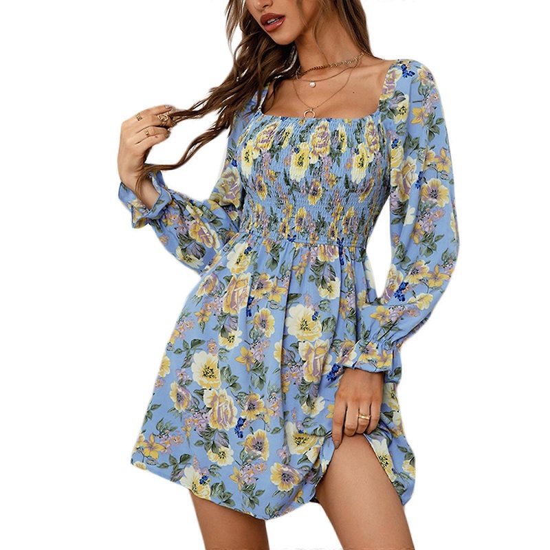 Women’s Floral Print Ruffle Long Sleeve Square Neck Smocked High Waist A -Line Swing Flowy Short Mini Dresses  Blue M | Fruugo SG