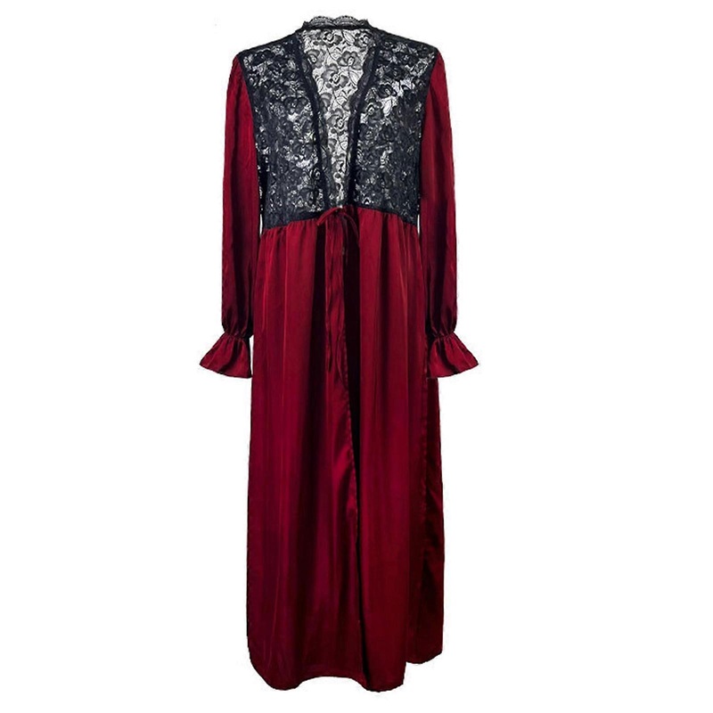 Women’s Puff Sleeve Satins Lace Bathrobe Loungewear Elegant Wedding Bride Dressing Gown V Neck Ties Long Kimono Robe  Claret S | Fruugo SG