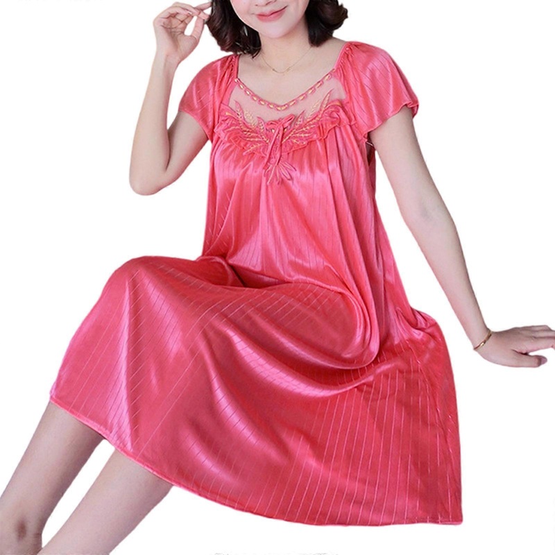 Women’s Short Sleeve Ice Silk Sleep Dress with Elegant Lace Designs Nightgown Homewear for a Relaxing Sleep Experience  Watermelon red | Fruugo SG