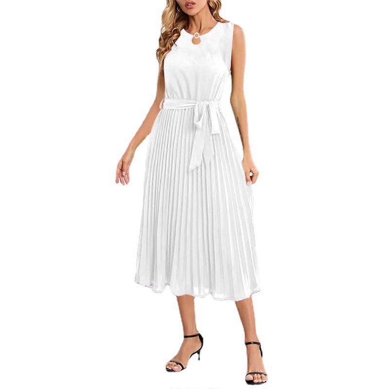 Women’s Summer Flowy Pleated Maxi Dress Casual Sleeveless Crew Neck Belted Work Dresses Sexy A Line Long Dress Sundress  White XL | Fruugo SG