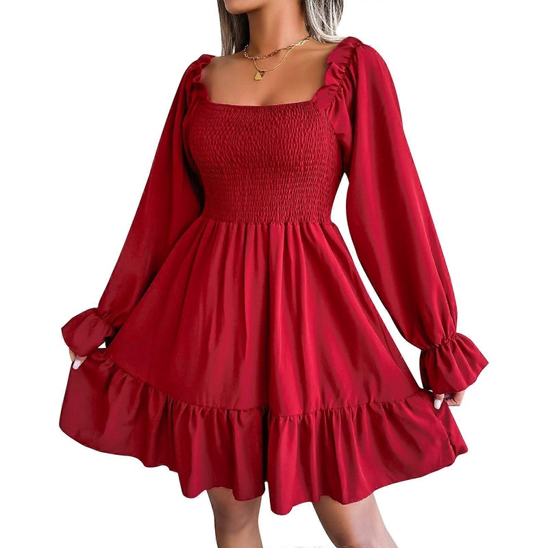 Womens A-Line Flowy Midi Dress Square Neck Puff Long Sleeve Ruffle Swing Solid Color Shirred Smocked Casual Dresses  Burgundy XL | Fruugo SG