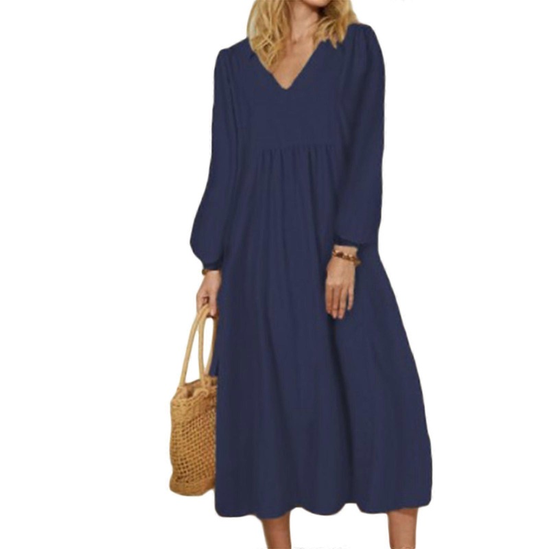 Womens Cotton and Linen Maxi Dress Casual Loose Long Sleeve Dresses Solid Color V-neck Elegant Long Dress  Navy blue XL | Fruugo SG