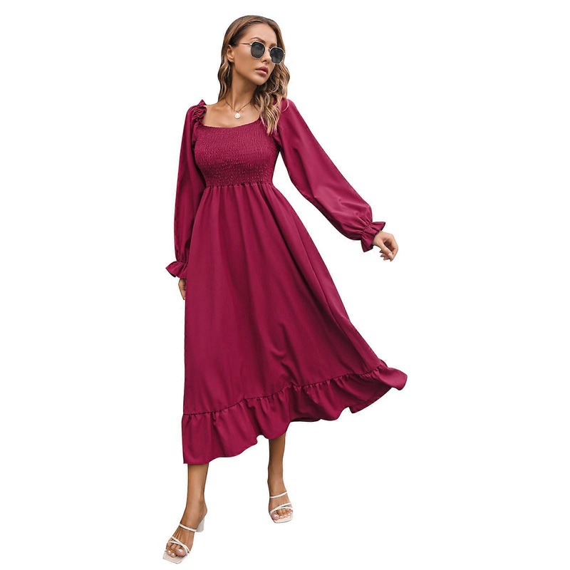 Womens Elegant Smocked Ruffled Maxi Dress Vintage Square Neck Long Puff Sleeve Shirred Casual Solid Color A-Line Dresses  Burgundy XL | Fruugo SG