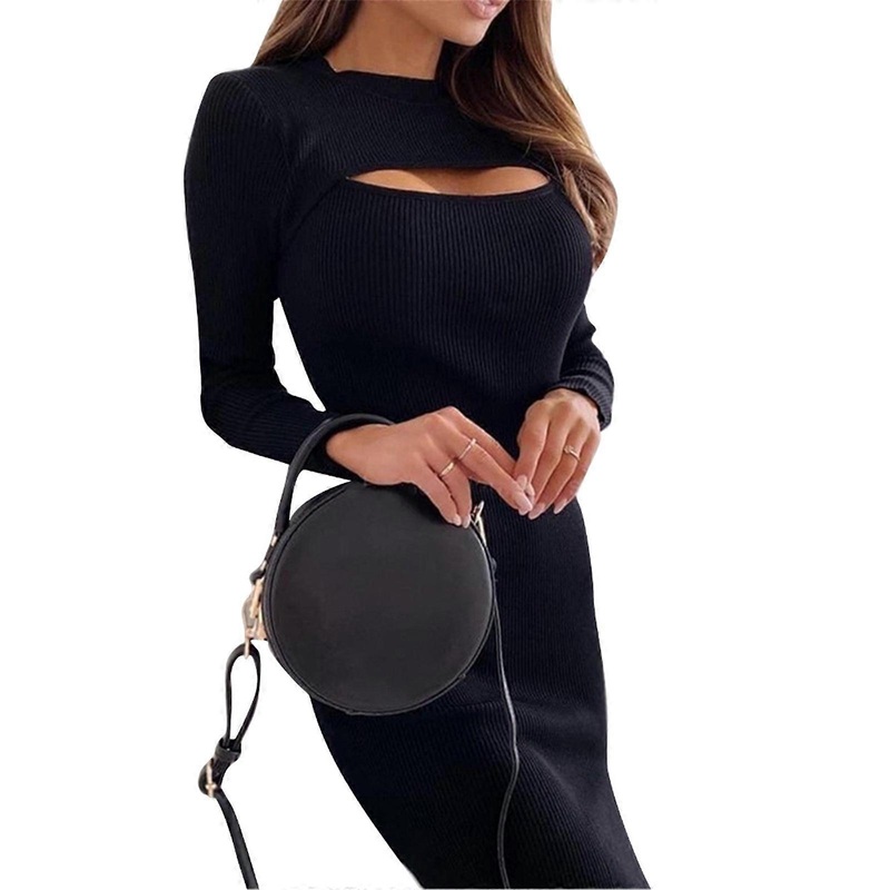 Womens Long Sleeve Sexy Cutout Front Bodycon Cocktail Party Mini Sweater Dress Solid Color Crewneck Rib Knit Dresses  Black XL | Fruugo SG