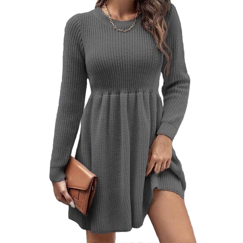 Womens O-Neck Long Sleeve Midi A-line Pencil Dress Lady Knitted Dress Round Neck Dress for Autumn Winter  Gray L | Fruugo SG