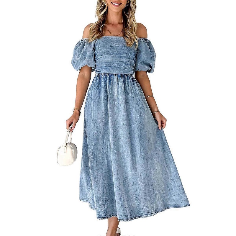 Womens Off The Shoulder Denim Dress Puff Sleeve Elastic A Line Jean Dresses | Fruugo SG