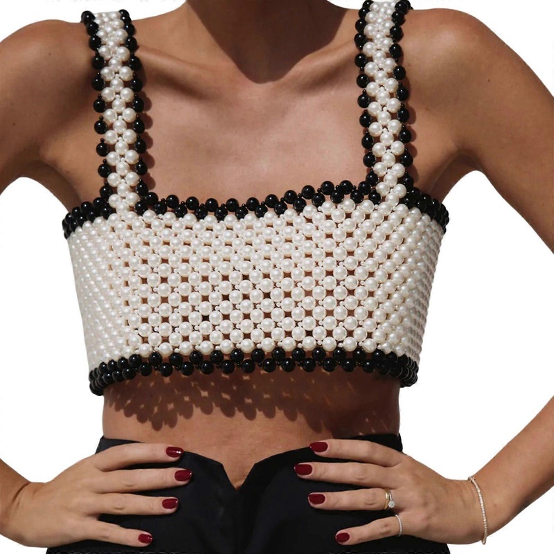 Womens Pearls Beaded Crop Tube Top Sleeveless Hollow Out Body Chain Jewelry Camisole Fishnet Vest Rave Party Clubwear  White | Fruugo SG