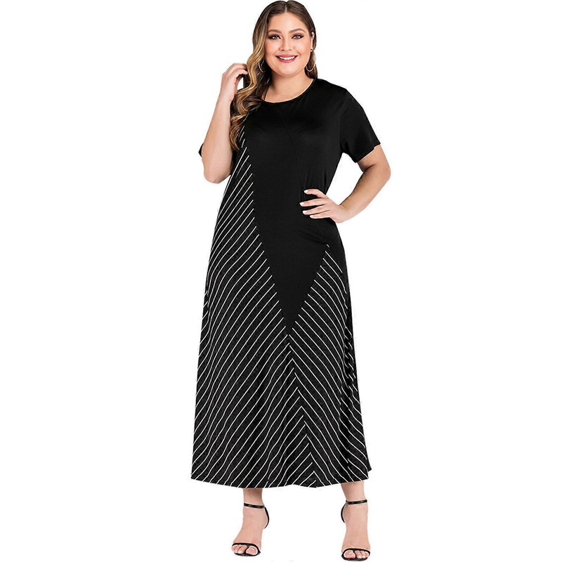 Womens Plus Size Short Sleeve Round Neck Flared Hem Party Maxi Dress Striped Patchwork Print A-Line Cocktail Sundress  Black XL | Fruugo SG