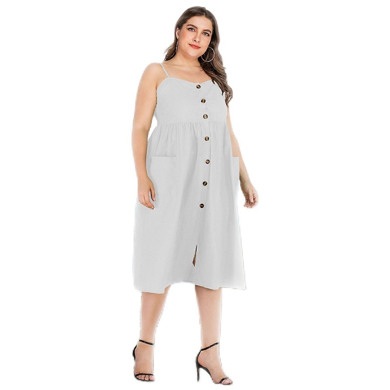 Womens Plus Size Sleeveless V Neck Button Casual Flowy Midi Dress with Pockets Single-Breasted Plain A-Line Sundress  White XL | Fruugo SG