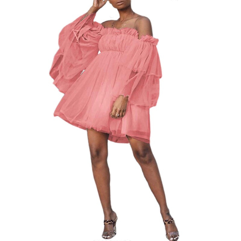 Womens Romantic Flounce Long Sleeve Ruffle Mesh Mini Dress Sexy Off Shoulder A-Line Wedding Party Short Tulle Dresses  Pink XL | Fruugo SG