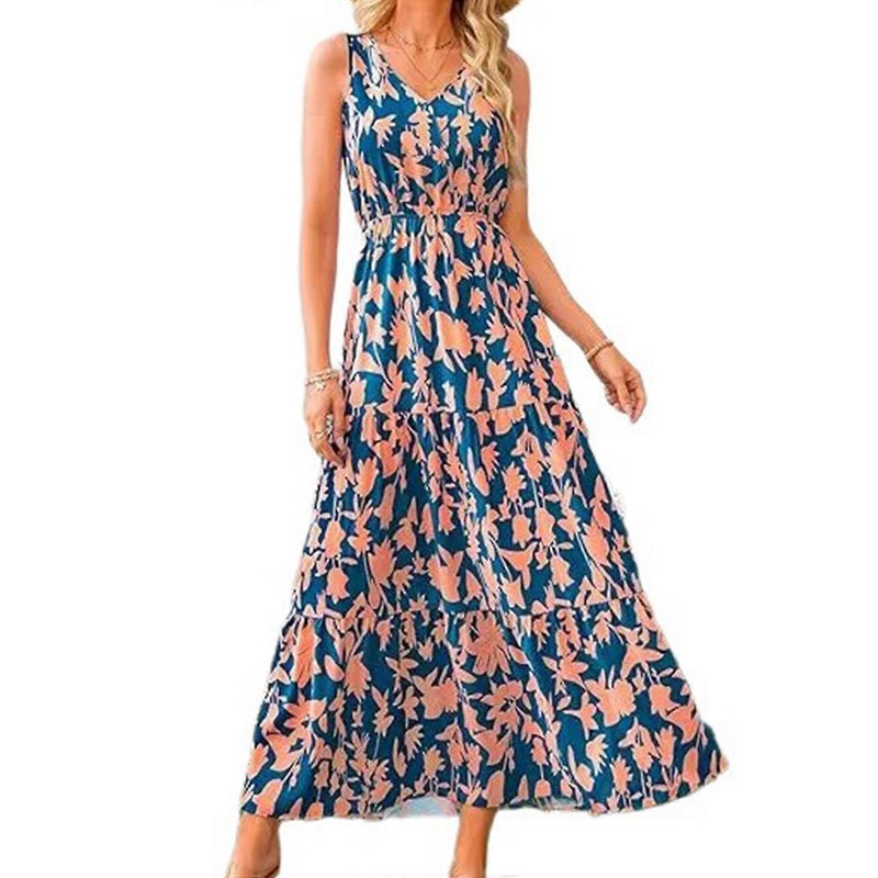 Womens Sleeveless Elastic Waist VNeck Flared Swing Long Dress Cute Flower Print Tiered Ruffle A Line Beach Maxi Dresses  XL orange red | Fruugo SG