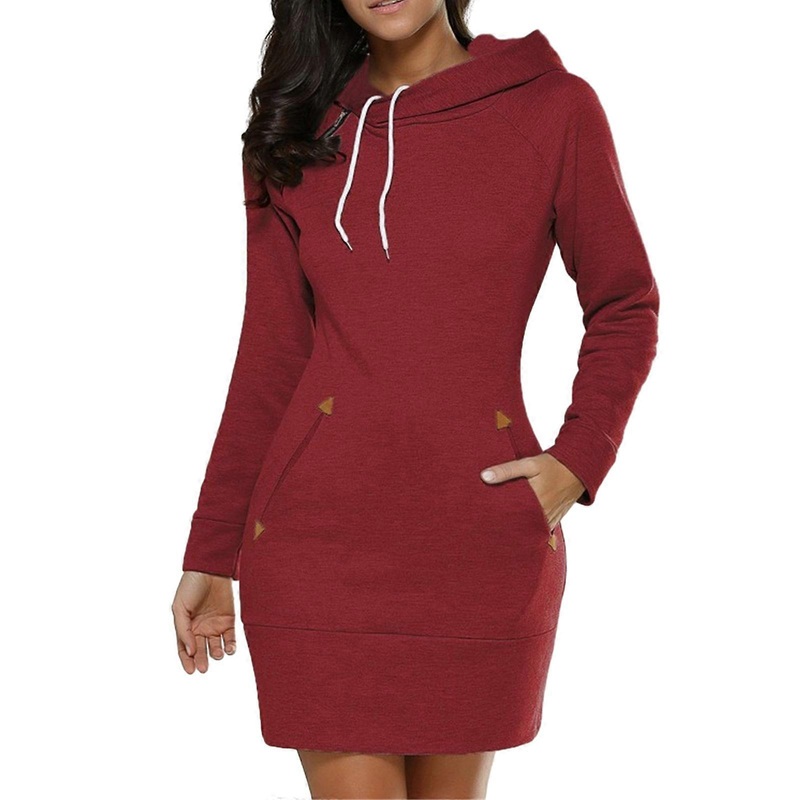 Womens Slim Fit Pullover Drawstring Hoodie Dress Side Zip Neckline Long Sleeve Solid Color Sweatshirt Top Midi Dresses  Red XL | Fruugo SG