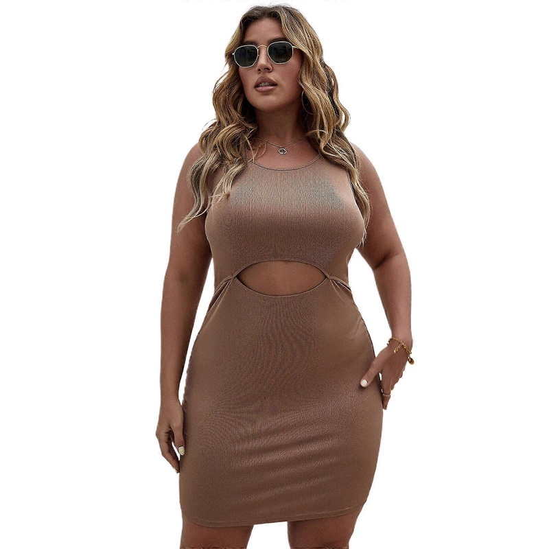 Womens Summer Sexy Cutout High Waist Bodycon Mini Dress Sleeveless O-Neck Solid Color Ribbed Stretchy Club Party Dresses  Khaki XL | Fruugo SG