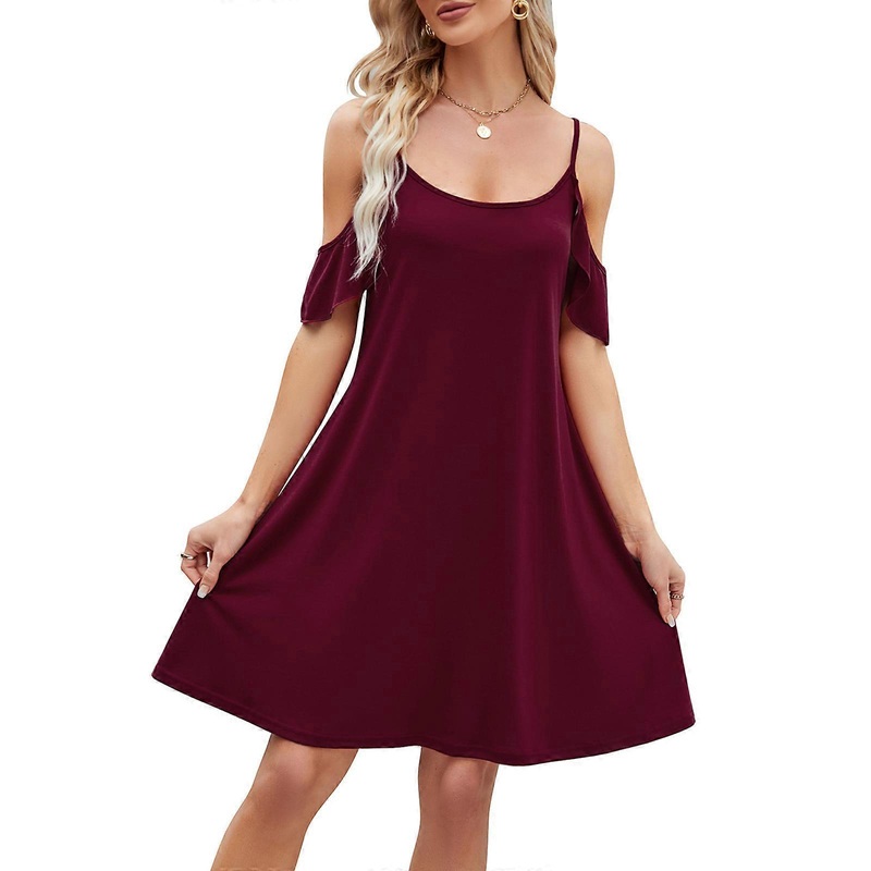 Womens Summer Spaghetti Strap Ruffle Sleeves Cold Shoulder Swing T-Shirt Dress Casual Loose Solid A-Line Flowy Dresses  Burgundy XL | Fruugo SG
