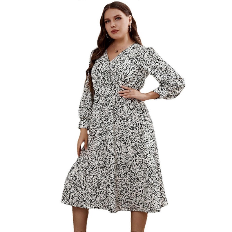 Womens Wrap V-Neck Midi Swing Dress Vintage Leopard Printed Casual Puff Long Sleeve Pleated Flared Hem Swing Sundress  XL White | Fruugo SG