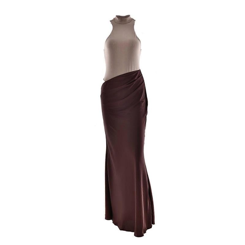 Asymmetrical Ruched Splicing Maxi Dress Sleeveless Halter Turtleneck Wrap Hip Cutout Evening Party Robe Gown for Women  Khaki M | Fruugo SG