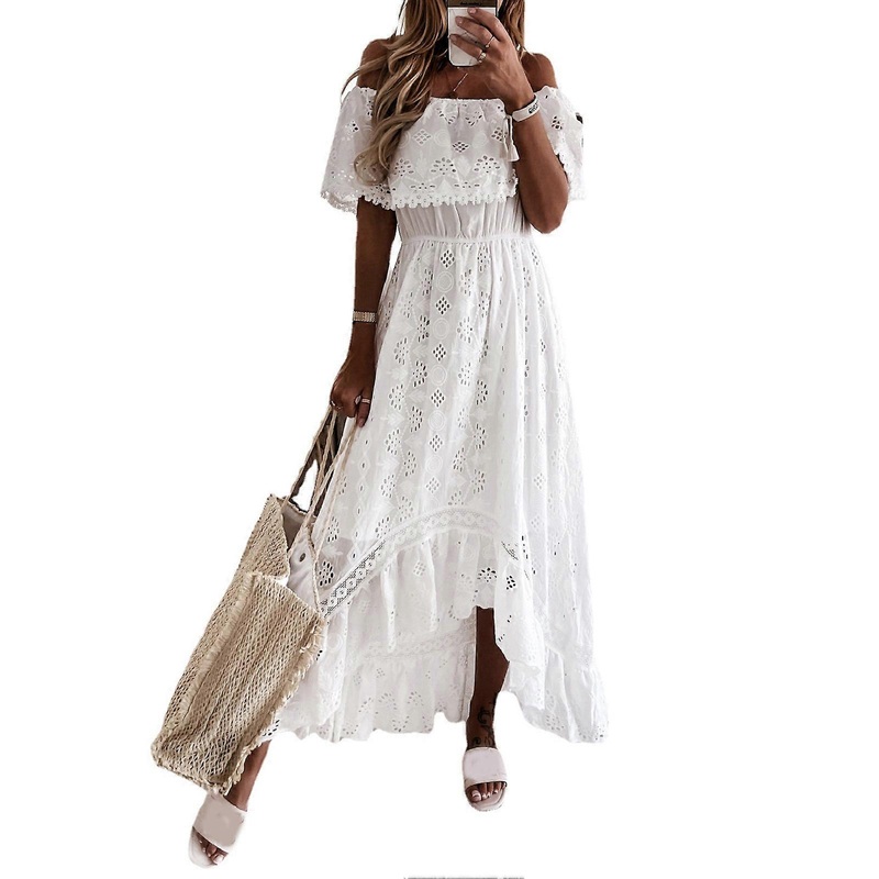 Bandeau Elastic Waist High Low Hemline Long Dress Hollow Lace Off Shoulder Maxi Dress Ladies Clothing | Fruugo SG