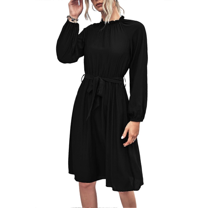 Black M Dress Solid Color Round Neck Long Raglan Sleeves Tie Waist Loose Elegant Comfortable Women Dress | Fruugo SG