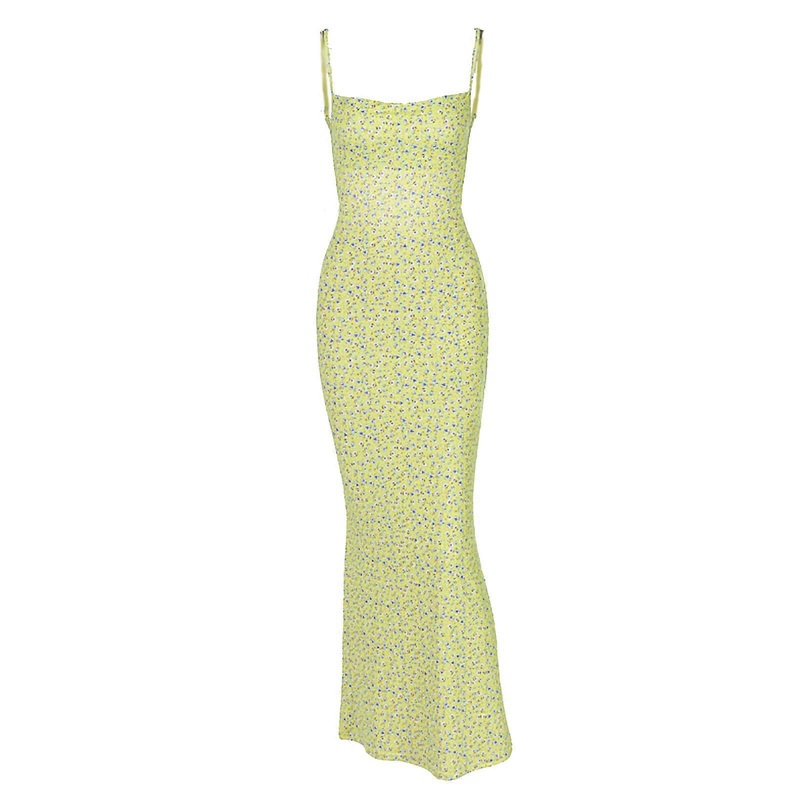 Bohemian Floral Printed Beach Parties Bodycon Dress for Women Sleeveless Spaghetti Strap Backless Flared Maxi Dress  Yellow S | Fruugo SG