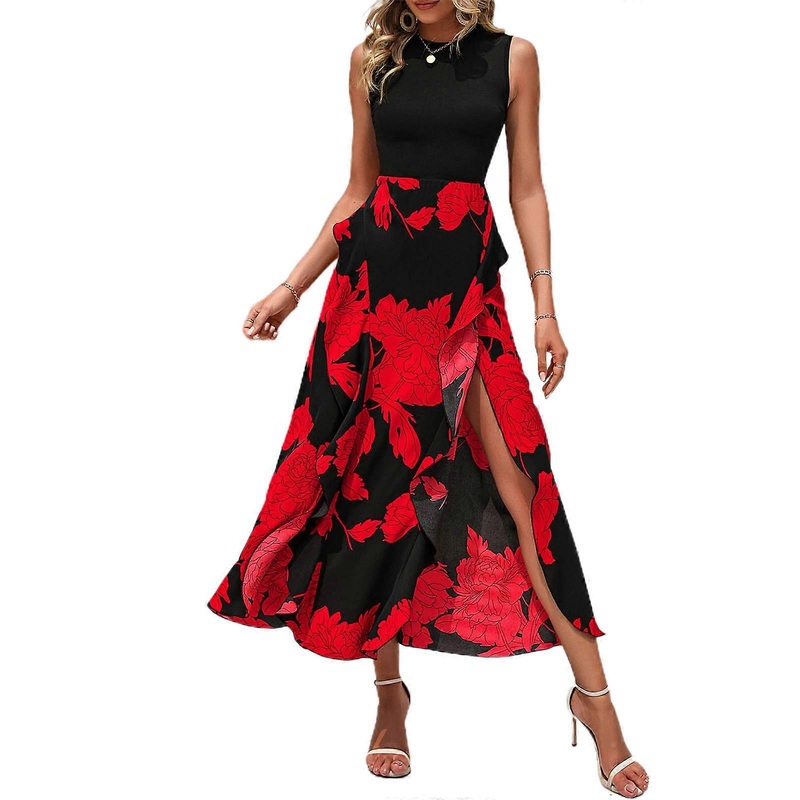 Casual Sleeveless Summer Dresses 2023 Spring Crewneck High Waist Patchwork Lotus Leaf High Split Dress for Women  Red 2XL | Fruugo SG