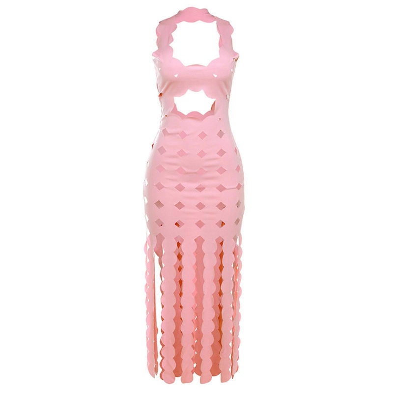 Elegant Sleeveless Sexy Halter Neck Dress with Sexy Hollow Out Design Summer Party Long Dresses  Pink S | Fruugo SG