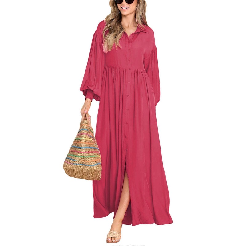 Fall Pleated Flowy Long Maxi Dress Button Down Split Aline Dresses for Women Solid Color  rose red XL | Fruugo SG