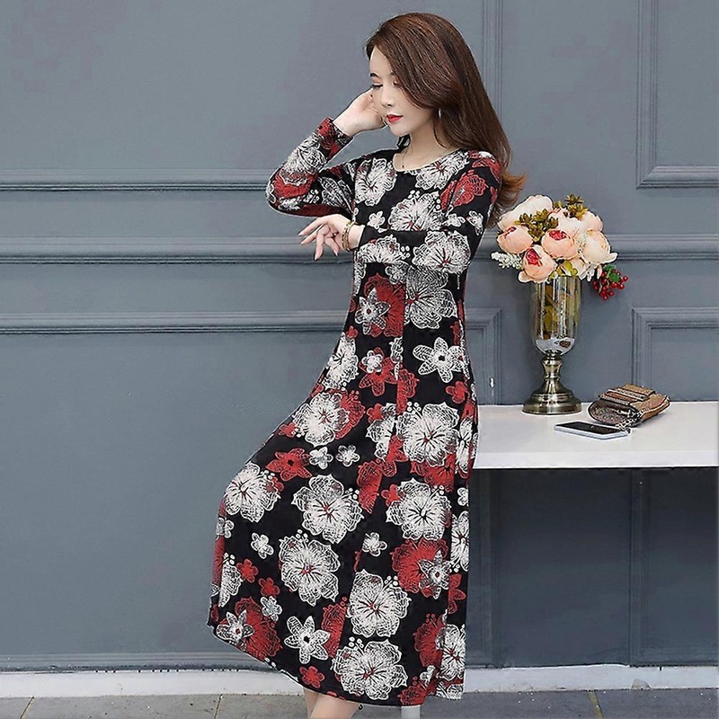 Fashion Women Girl Floral Printed Long Sleeve Round Neck Dress Spring AutumnWhite L | Fruugo SG