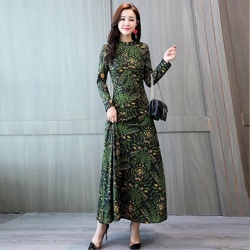 Fashion Women Girl Printed Close-Fitting A-Line Round Neck Dress Spring AutumnGreen L | Fruugo SG