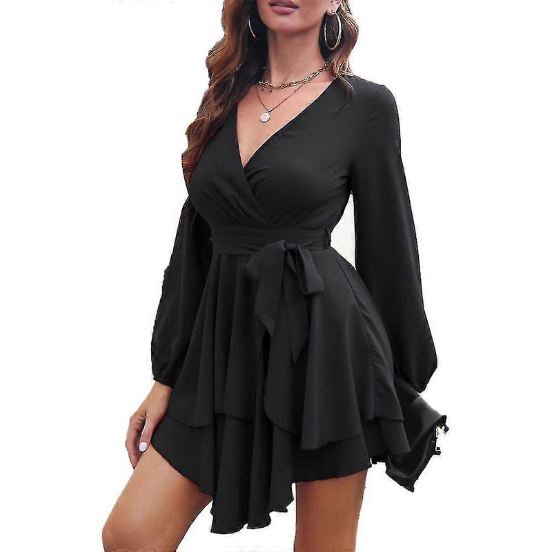 Women’s Dress Deep V-Neck Long Sleeve Waist Tie Ruffle Mini Swing Skater Dresses – Black M blac | Fruugo SG