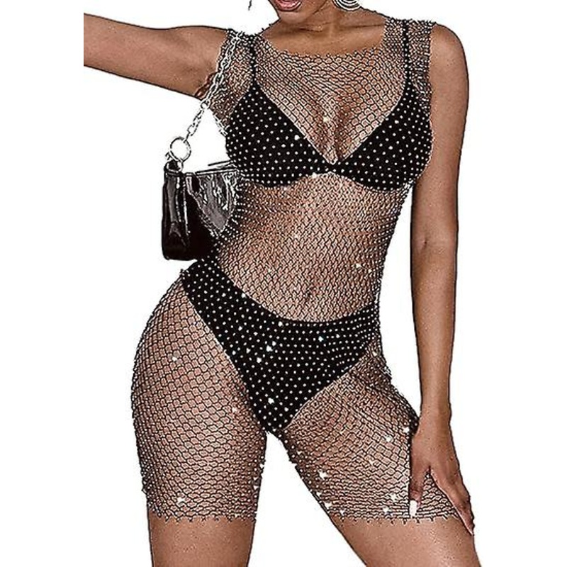 Women’s Sheer Mesh Rhinestone Cover Up Dress Sexy Fishnet Mini Beach Cover Ups | Fruugo SG