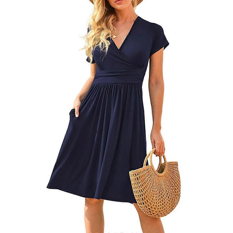 Women’s Summer Dresses Short Sleeve Elegant V-Neck Boho Beach Dresses Knee Length Ruffle Retro Casual A-line Leisure Dresses with Pockets | Fruugo SG