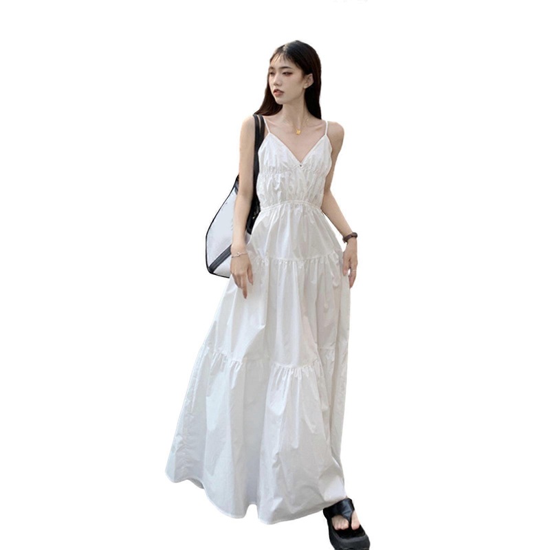 Women’s Summer Sleeveless Tiered Maxi Dress Beach Spaghetti Straps Smocked Long Dresses Pleated Sundress Streetwear  White XL | Fruugo SG