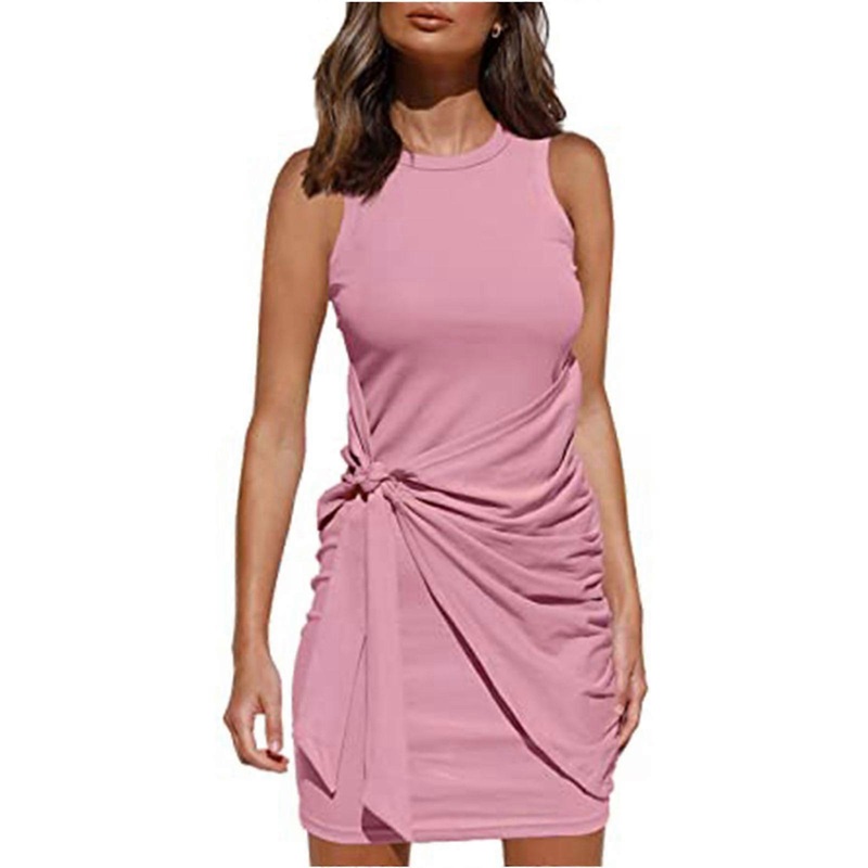 Women Summer Sleeveless O-Neck Bodycon for Tank Top Wrap Mini Dress Simple Plain Solid Color Ruched Tie Waist Package Hip Beach Party Streetwear  | Fruugo SG