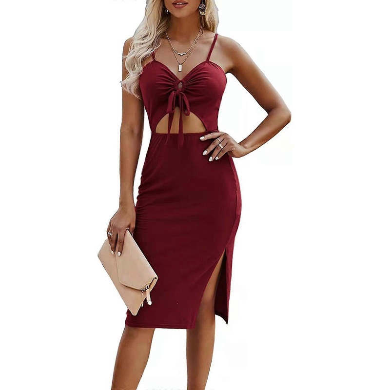 Women Summer Spaghetti Strap Midi Long Bodycon Dress Sexy V-Neck Ruched Drawstring Front Cut Out High Waist Side Split Party Clubwear  Burgundy XL | Fruugo SG