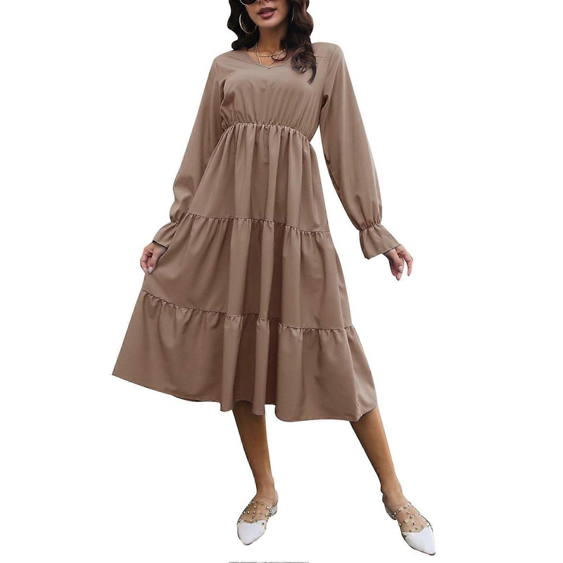 Women V Neck Lantern Long Sleeve Pure Color Elastic Waist Style Casual Flared Dress for Daily Life | Fruugo SG