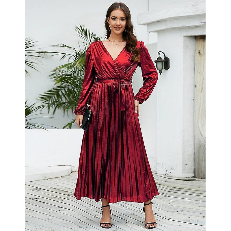 Womens Long Sleeve Deep V-Neck Formal Dress Pleated Dresses | Fruugo SG