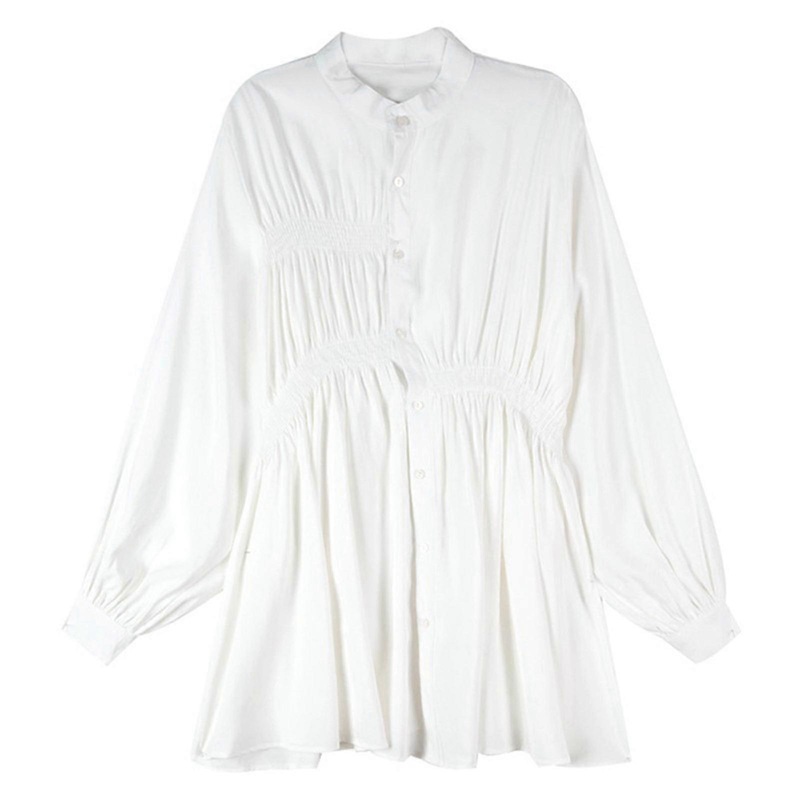 Womens Long Sleeves Shirt Dress Korean Style Blouse Female Summer Button Down Dress Girls Pleated Mini T-shirt Dress Ins  White XL | Fruugo SG