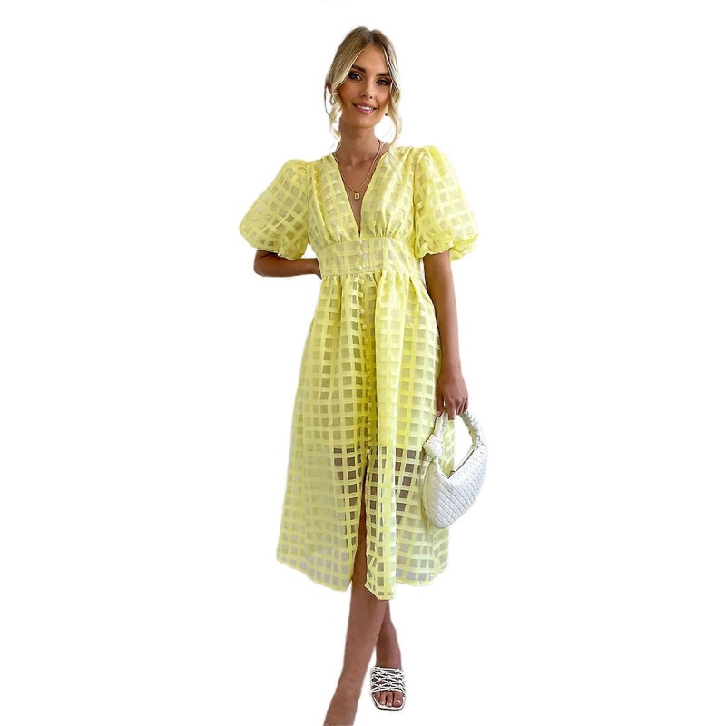 Womens Loose Dress Ruffle Tiered Tunic Dress Babydoll Dress High Waisted Casual Dress Lantern Sleeve V-Neck Flowy Dress  Yellow XL | Fruugo SG