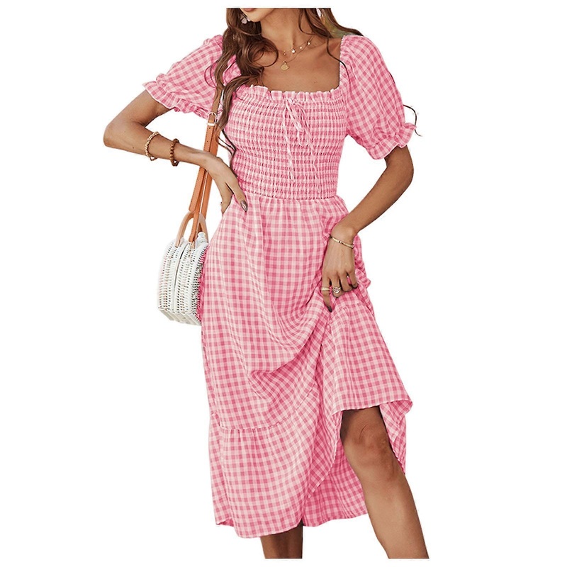 Womens Puff Short Sleeve Square Neck A-Line Midi Long Dress Plaid Print Lace-Up Backless Ruffle Swing Smocked Dresses  Pink S | Fruugo SG