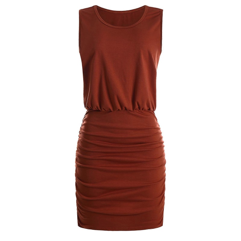 Womens Round Neck Basic Elegant Office Party Short Dress Sleeveless Elastic High Waist Stretchy Solid Color Mini Gown  Brick red XL | Fruugo SG