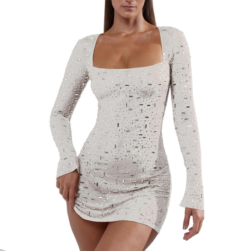 Womens Sexy Low Cut Square Neck Mini Bodycon Dress Long Sleeve Sparkly Rhinestones Sheer Mesh Package Hip Party Dresses  White XL | Fruugo SG