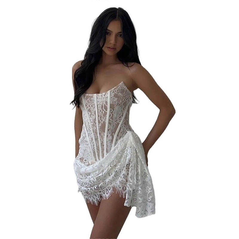 Womens Sexy Strapless Bandage Backless Mini Tube Dress Sleeveless Asymmetrical Ruched Floral Lace Bodycon Corset Dress  White S | Fruugo SG