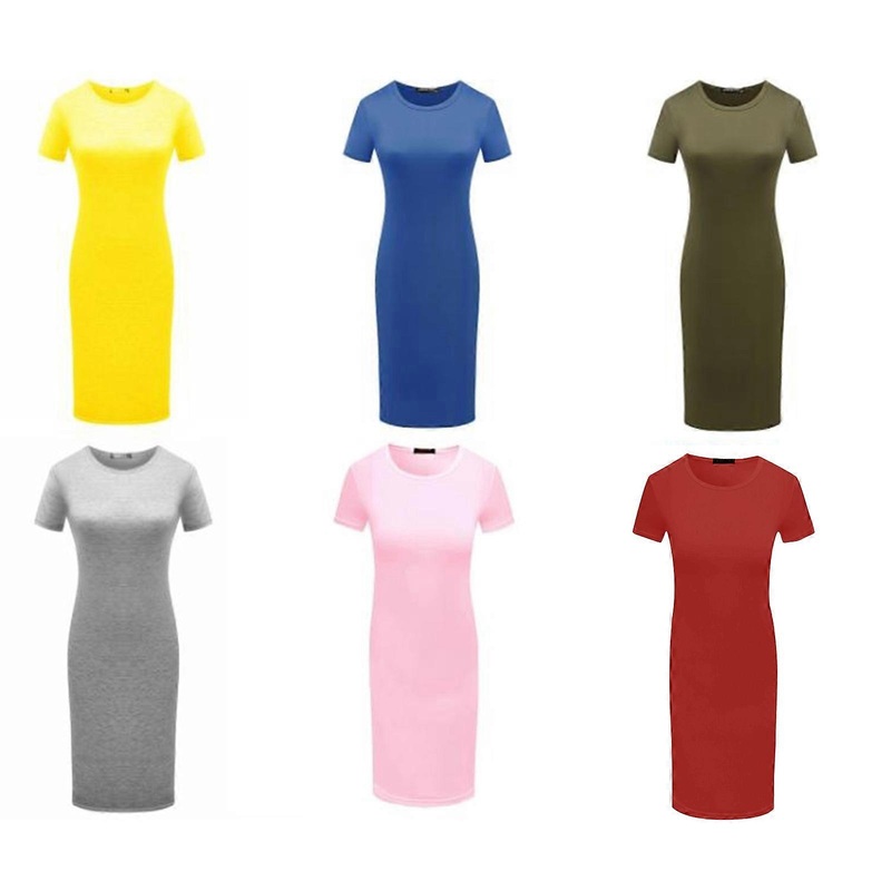 Womens Short Sleeve Round Neck Solid Color Casual Sundress Midi Bodycon Knee Length Package Hip for T Shirt Pencil Dress  Yellow S | Fruugo SG