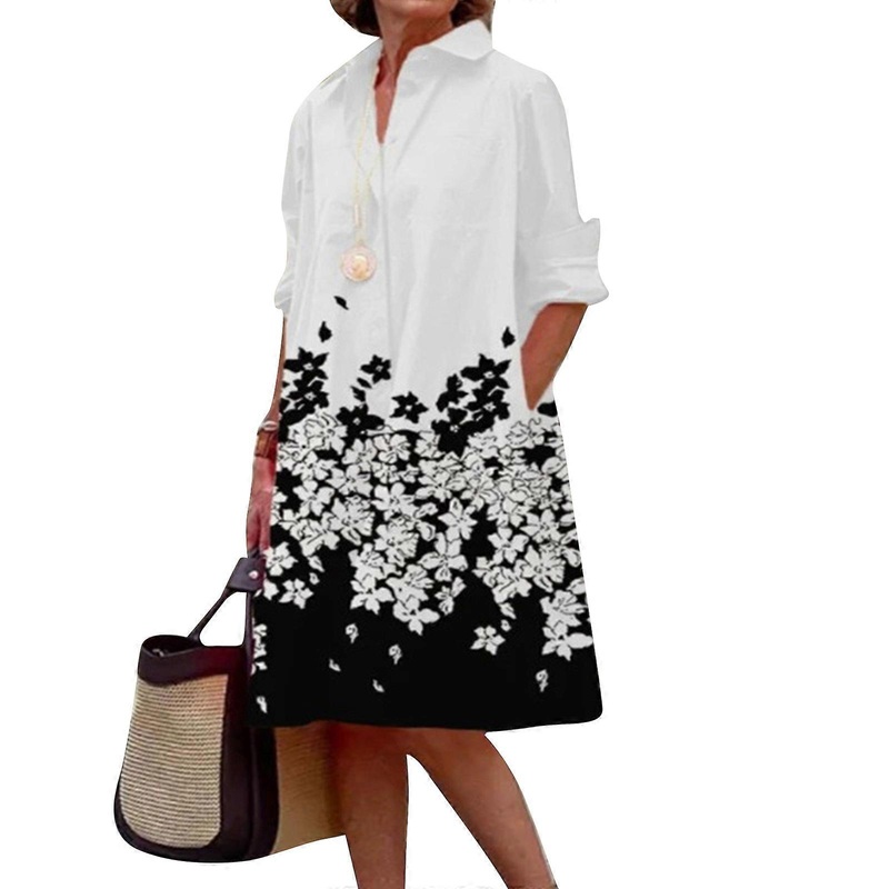 Womens Solid Color Shirt Dresses Long Sleeve A-line Midi Dress Button Down Casual Tunics Top Office Lady Work Dress  white flowers XL | Fruugo SG